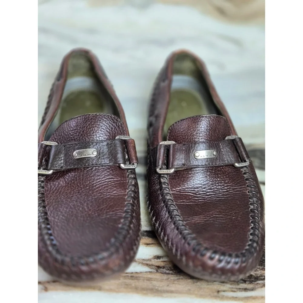 HS‎ Trask Mens Brown Leather Driving Loafers Whipstitch Moc Toe Slip 10.5 M